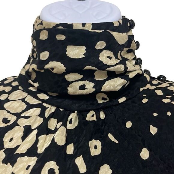 Tuleh Black Gold Animal Leopard Print 100% Silk High Neck Blouson Midi Dress XS - Picture 6 of 12